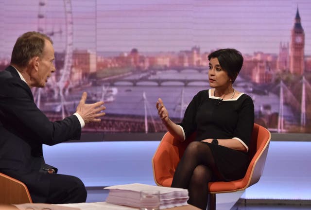 BBC handout photo of Labour shadow attorney general Shami Chakrabarti speaking to host Andrew Marr during the BBC1 current affairs programme, The Andrew Marr Show