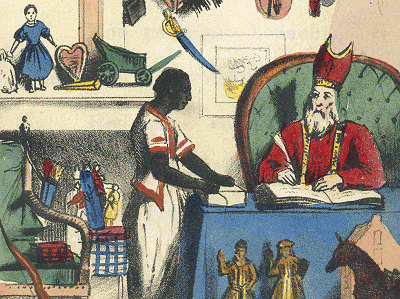 Black Pete appearing in an original illustration from Jan Schenkman’s children’s book ‘Santa Claus and His Servant’ (1850)