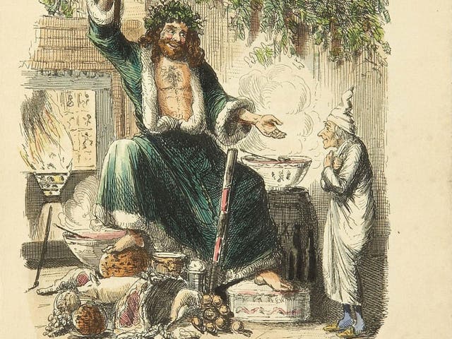 John Leech's illustration of Scrooge being visited by the Ghost of Christmas Present – from the original 1843 edition