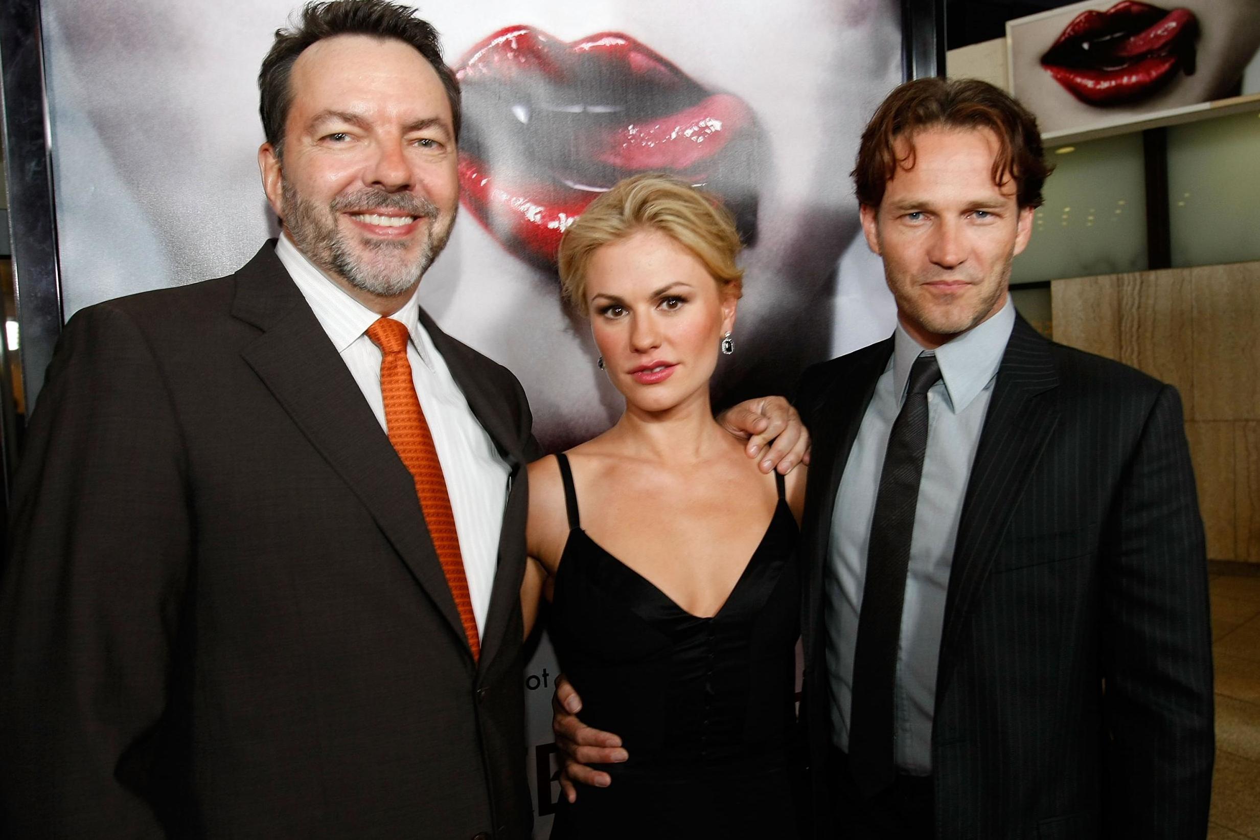 Producer Alan Ball, actress Anna Paquin and actor Stephen Moyer arrive at the Los Angeles Premiere of HBO's Series True Blood at the Cinerama Dome on 4 September, 2008 in Hollywood, California.