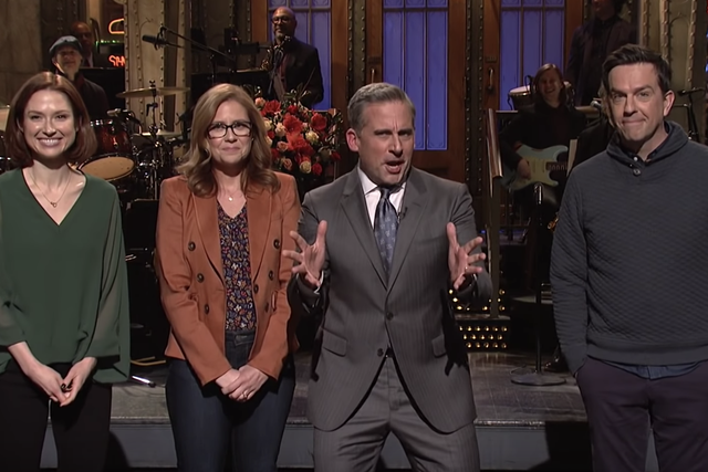 Ellie Kemper, Jenna Fisher, and Ed Helms join Steve Carell for his opening monologue on Saturday Night Live on 17 November, 2018.