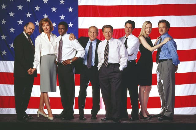 Cast members of the NBC drama The West Wing from, left to right: Richard Schiff as Communications Director Toby Ziegler; Allison Janney as Press Secretary CJ Gregg; Dulé Hill as aide Charlie Young; John Spencer as Chief of Staff Leo McGarry; Martin Sheen as President Josiah Bartlet; Rob Lowe as Deputy Communications Director Sam Seaborn; Janel Moloney as Assistant Donna Moss; Bradley Whitford as Deputy Chief of Staff Josh Lyman.