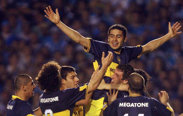 Juan Roman Riquelme celebrates Boca Juniors' Copa Libertadores win in 2007