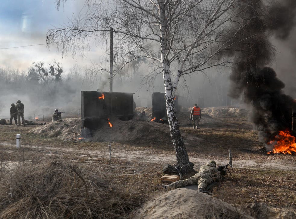 Ukrainian troops take part in military drills at a shooting range near Zhytomir on Wednesday