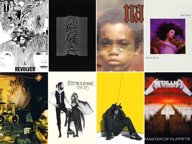 Left to right, from top row: Revolver (The Beatles), Unknown Pleasures (Joy Division), Illmatic (Nas), Hounds of Love (Kate Bush), Sign o’ the Times (Prince), Rumours (Fleetwood Mac), Boy in da Corner (Dizzee Rascal), Master of Puppets (Metallica)