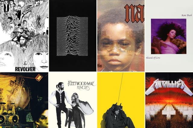 Left to right, from top row: Revolver (The Beatles), Unknown Pleasures (Joy Division), Illmatic (Nas), Hounds of Love (Kate Bush), Sign o’ the Times (Prince), Rumours (Fleetwood Mac), Boy in da Corner (Dizzee Rascal), Master of Puppets (Metallica)