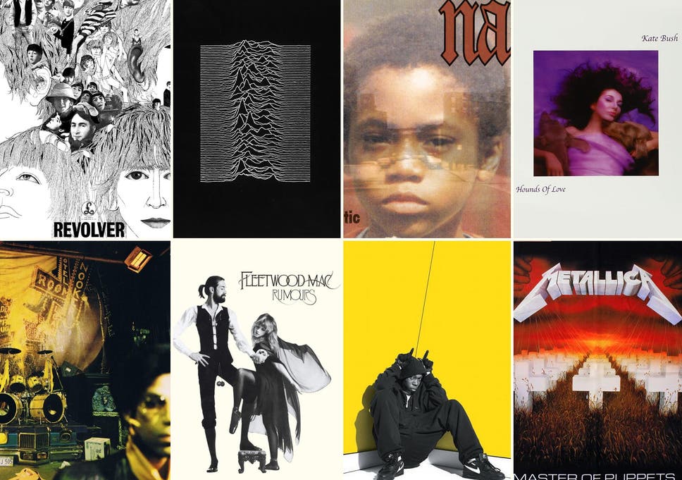 Left to right, from top row: Revolver (The Beatles), Unknown Pleasures (Joy Division), Illmatic (Nas), Hounds of Love (Kate Bush), Sign o’ the Times (Prince), Rumours (Fleetwood Mac), Boy in da Corner (Dizzee Rascal), Master of Puppets (Metallica)