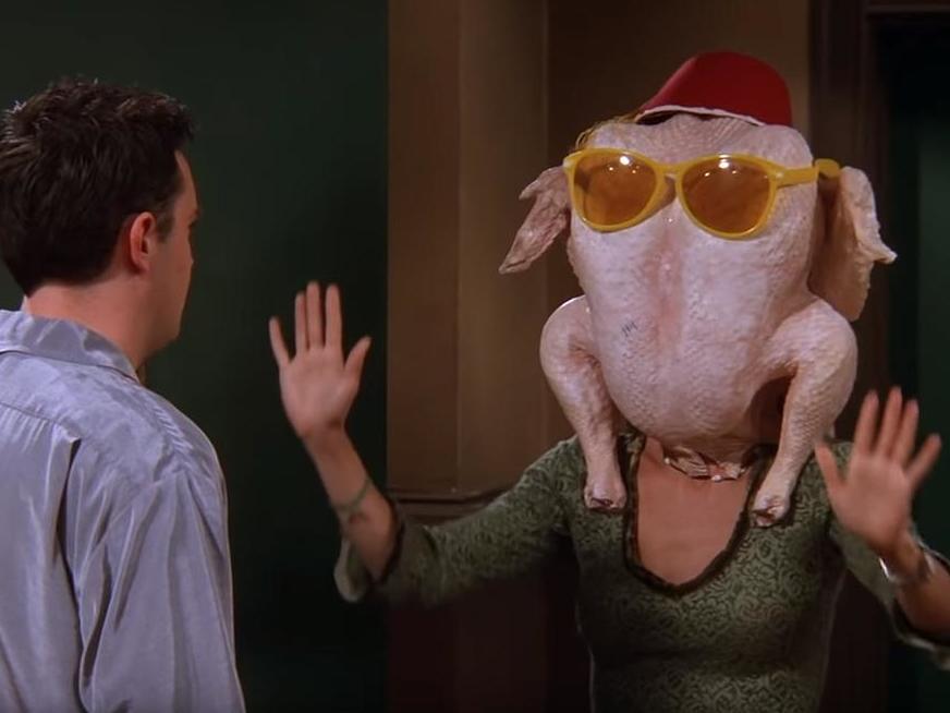 Chandler (Matthew Perry) and Monica (Courtney Cox) in the classic Friends episode 'The One With All the Thanksgivings'