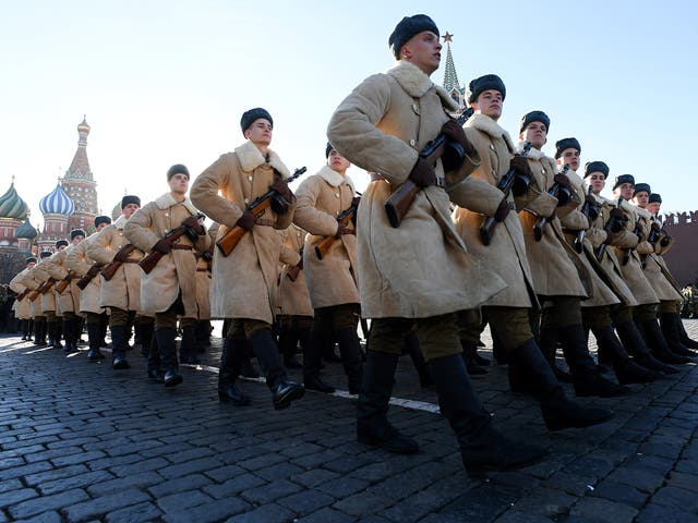 Russian servicemen dressed in historical uniforms take part in a military parade rehearsal at Red Square in Moscow earlier this month