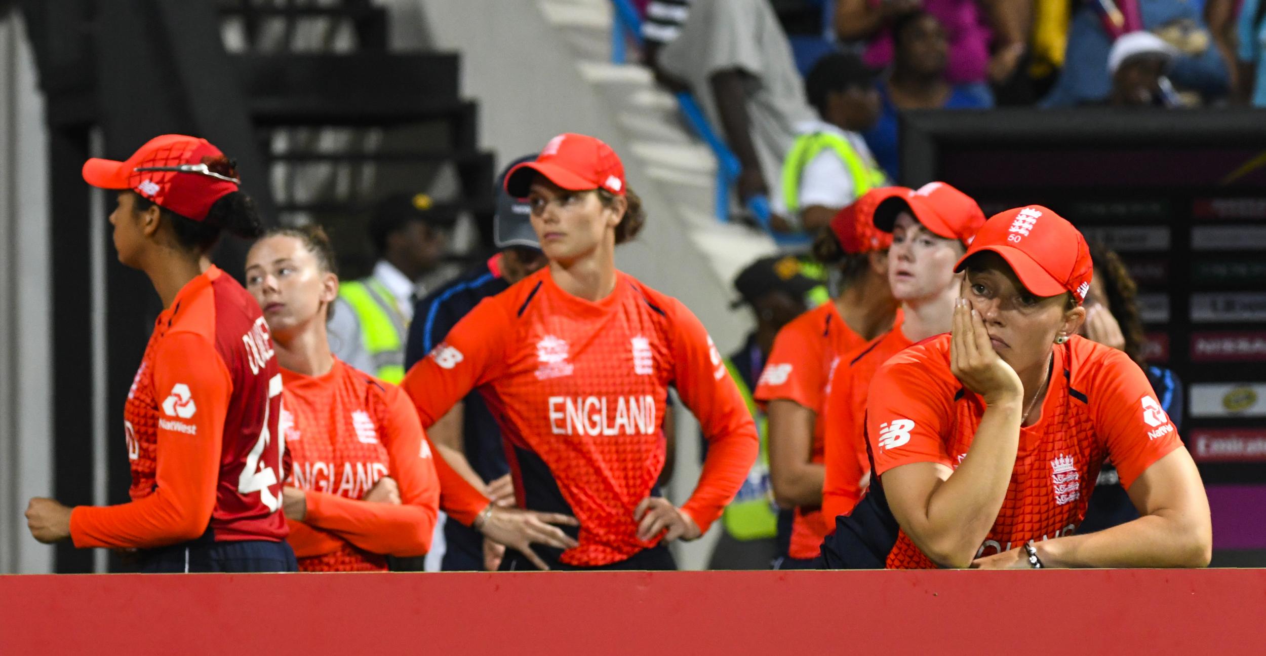 England's women look on, dejected, as Australia win the World Cup
