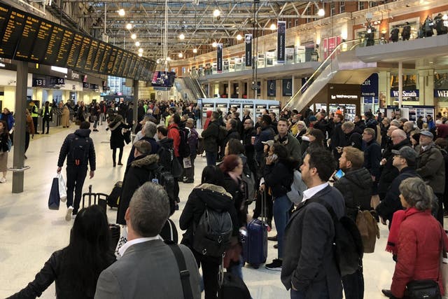 Late notice: commuters at Britain's busiest station, London Waterloo, on 19 November 2018 – when overrunning engineering works halted all services in the morning rush hour