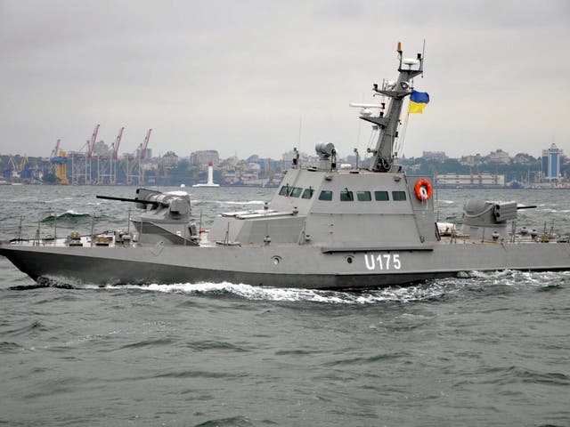 The Ukrainian navy's armoured artillery ship 'Berdyansk' seen in Odessa, Ukraine