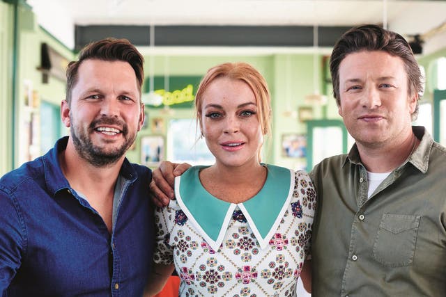 Jimmy Doherty, Lindsay Lohan and Jamie Oliver on ‘Jamie and Jimmy’s Friday Night Feast’