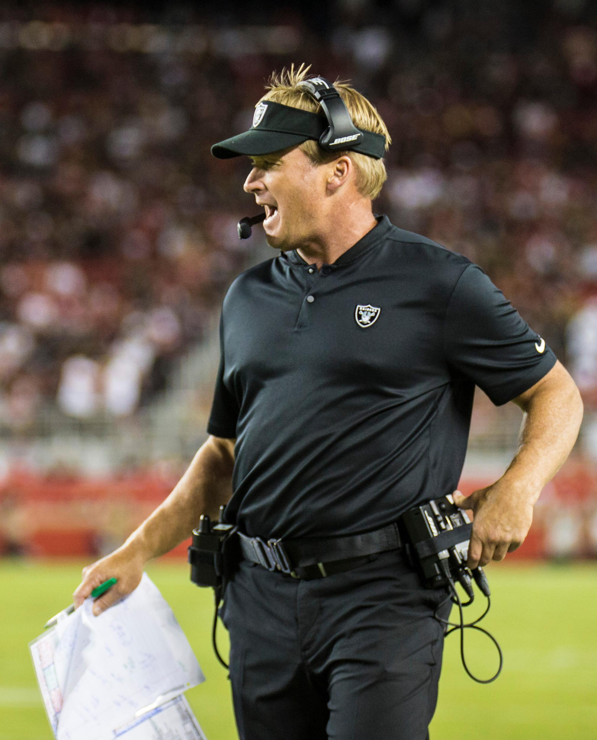 Oakland head coach Jon Gruden during the NFL Football game between Oakland Raiders and the San Francisco 49ers in November