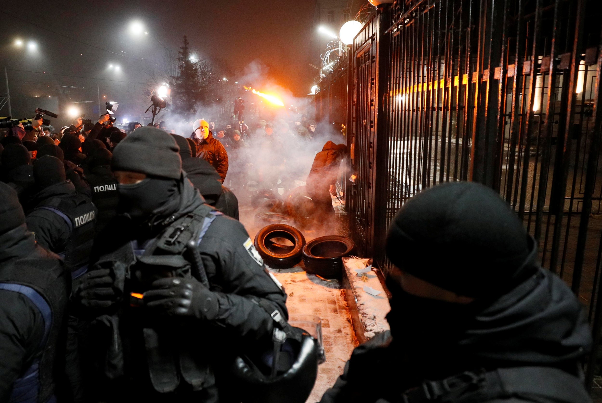 Protesters set fires outside the Russian embassy in Kiev after the seizure of three Ukrainian navy ships