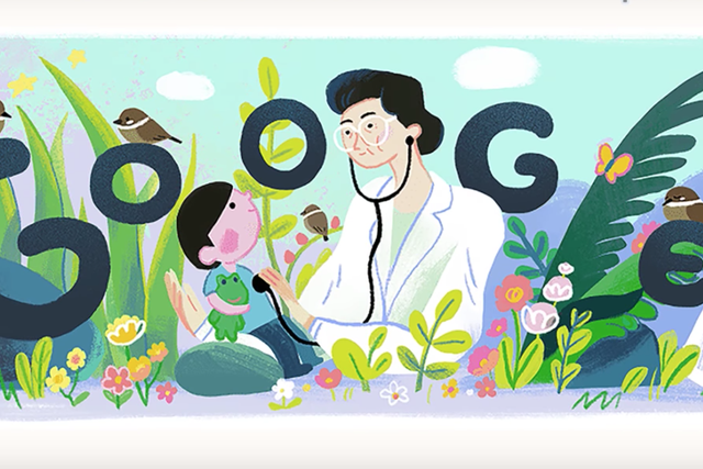 A doodle image shows Fe del Mundo, the first woman admitted to Harvard's medical school and a historic Filipino pediatrician.