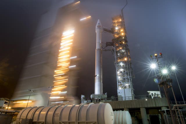 The mobile service tower at SLC-3 is rolled back to reveal the United Launch Alliance (ULA) Atlas-V rocket with the NASA InSight spacecraft onboard