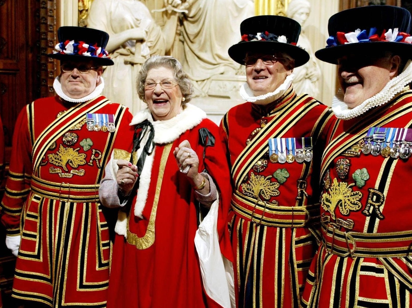 Baroness Trumpington with the Yeomen of the Guard in the House of Lords