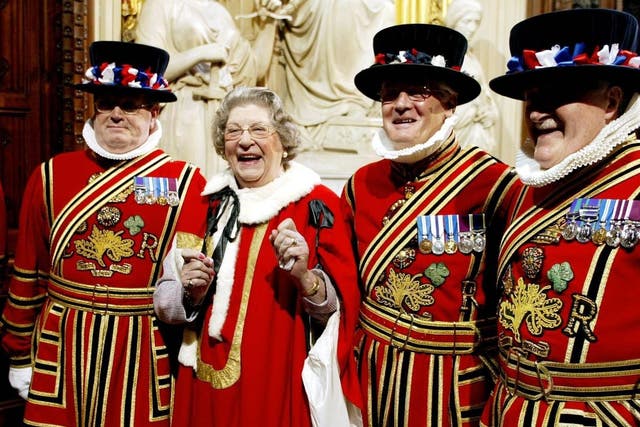 Baroness Trumpington with the Yeomen of the Guard in the House of Lords