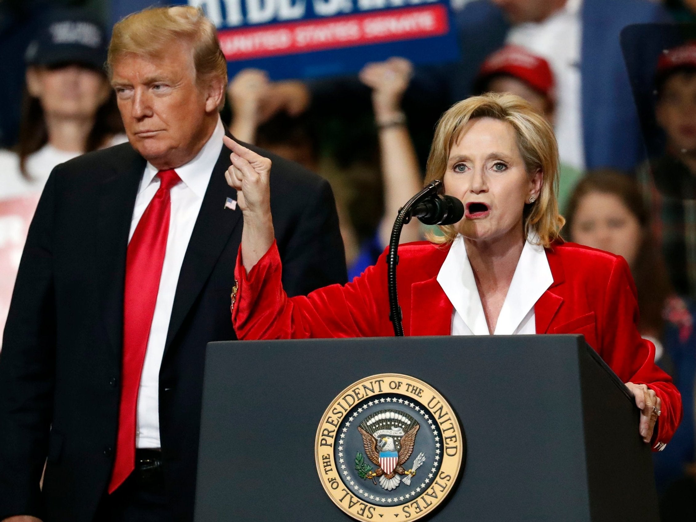 Cindy Hyde-Smith addresses crowd during rally alongside Donald Trump