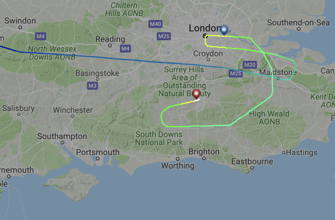 Pretty way: the flight path of BA flight 2 from New York to London City, which diverted to Gatwick