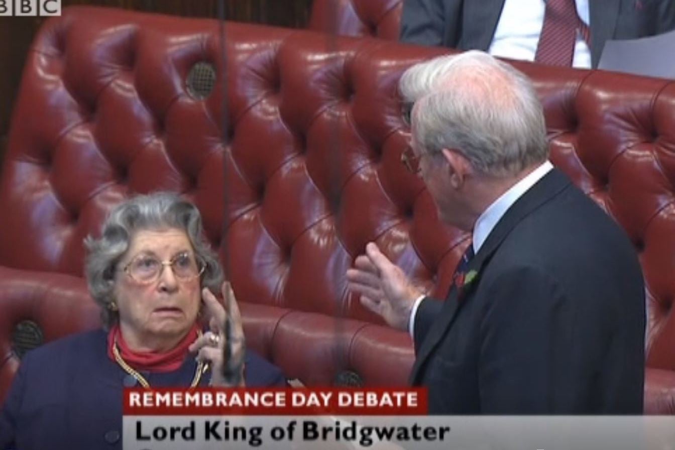 Baroness Trumpington famously stuck her fingers up at Lord King