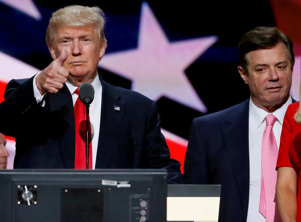 Manafort, right, with Mr Trump. His third visit reportedly took place just months before WikiLeaks released tens of thousands of emails from Democrats