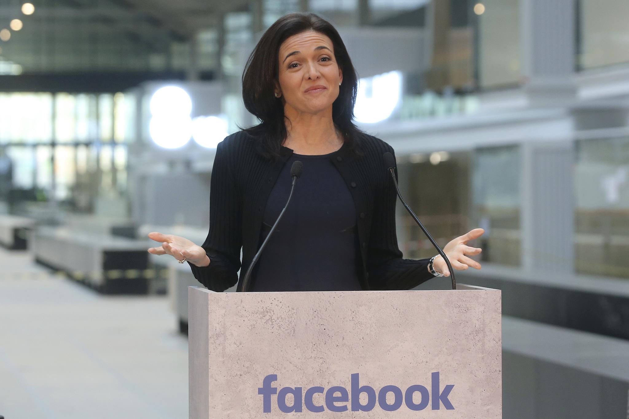 Chief Operating Officer of Facebook, Sheryl Sandberg, delivers a speech during the visit of a start-up companies gathering at Paris' Station F in Paris