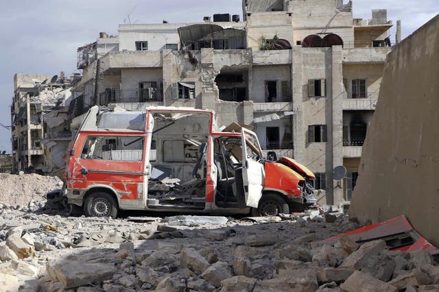A destroyed medical van outside the Civil Defence main centre in Aleppo, Syria, 2016