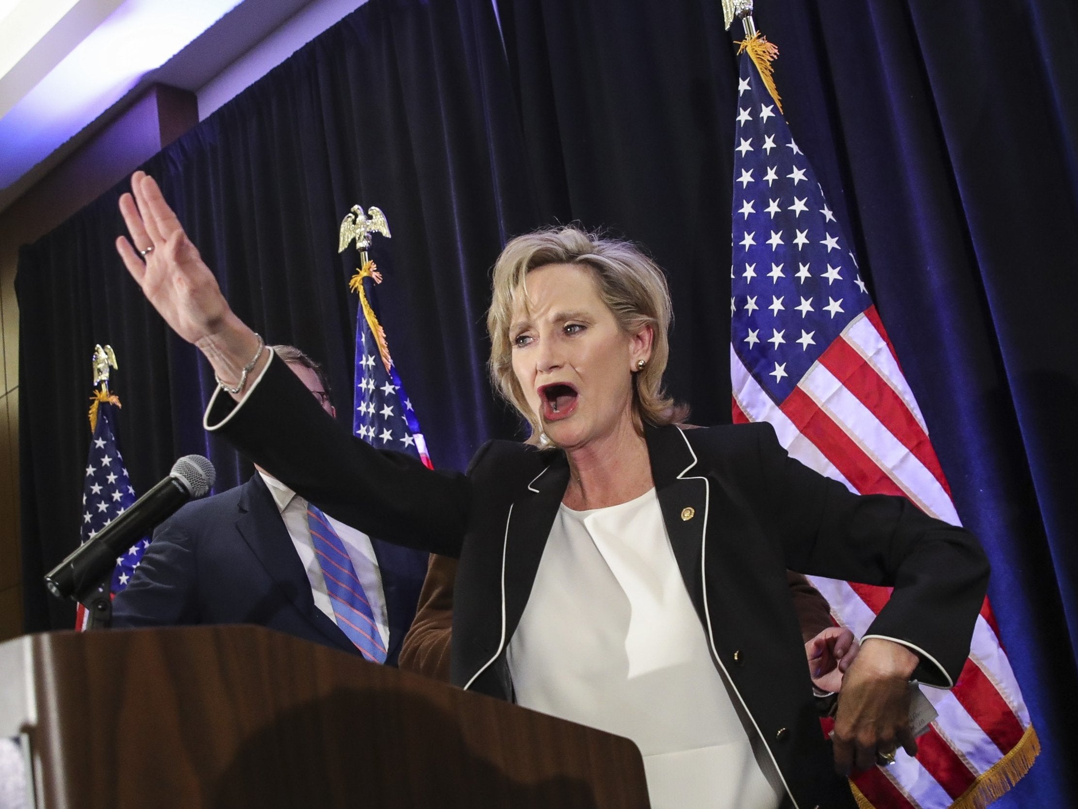 US senator Cindy Hyde-Smith waves to supporters in Jackson, Mississippi after being re-elected in