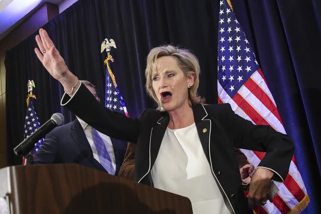 US senator Cindy Hyde-Smith waves to supporters in Jackson, Mississippi after being re-elected in