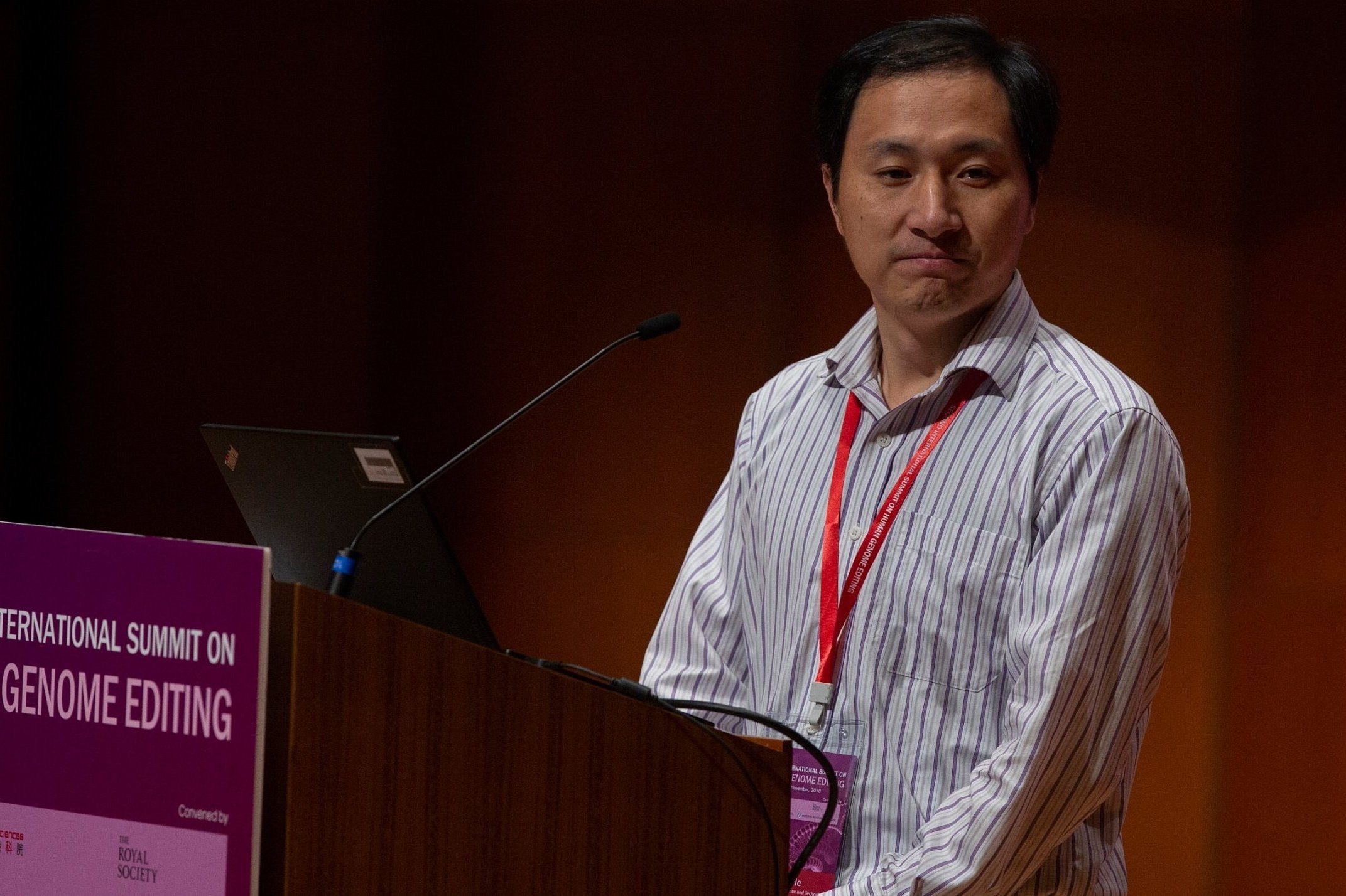 Chinese scientist He Jiankui presents his work at the Second International Summit on Human Genome Editing, at the University of Hong Kong in 2018