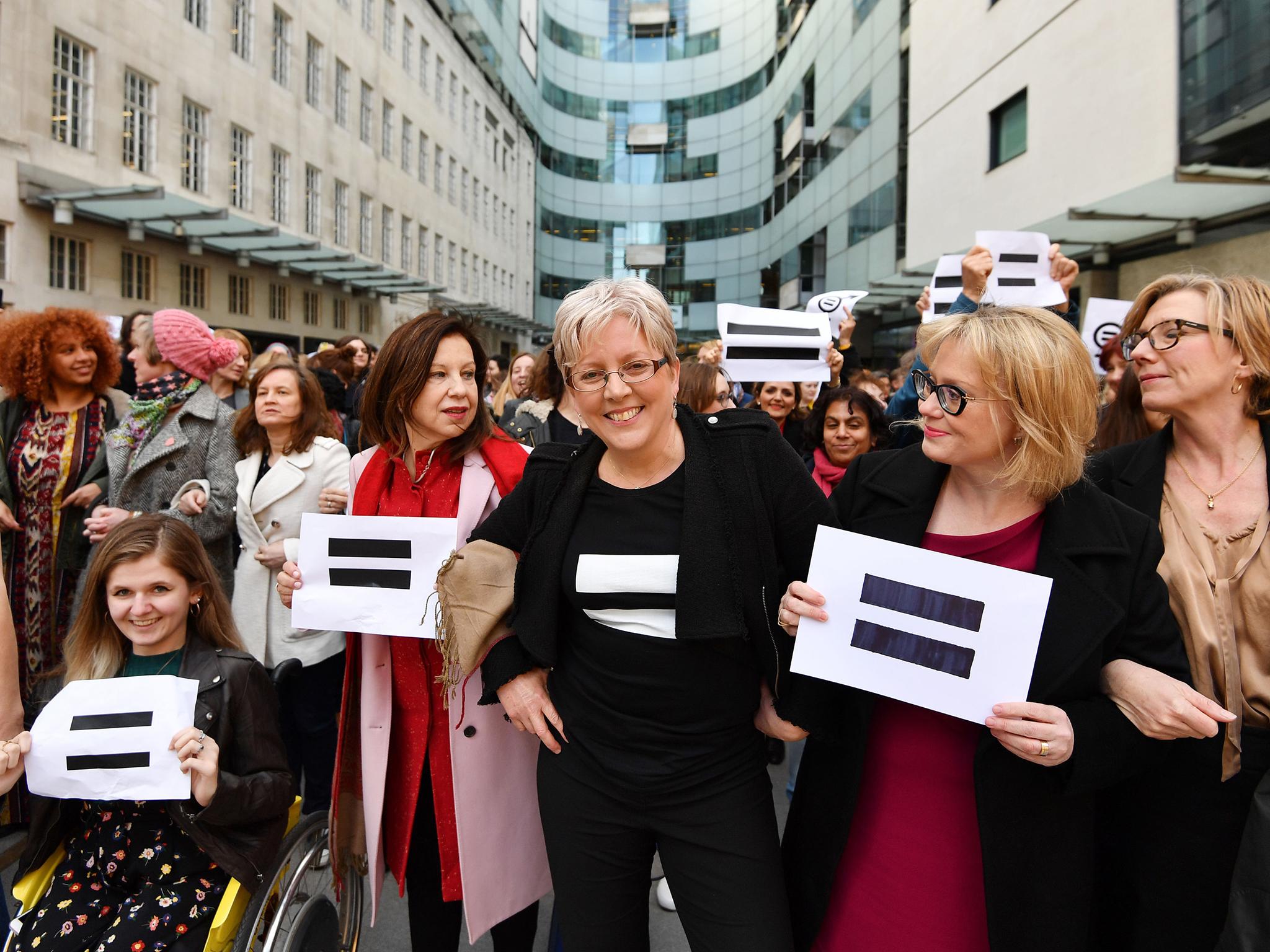 Journalist Carrie Gracie and BBC employees gather outside the BBC studios on International Women’s Day