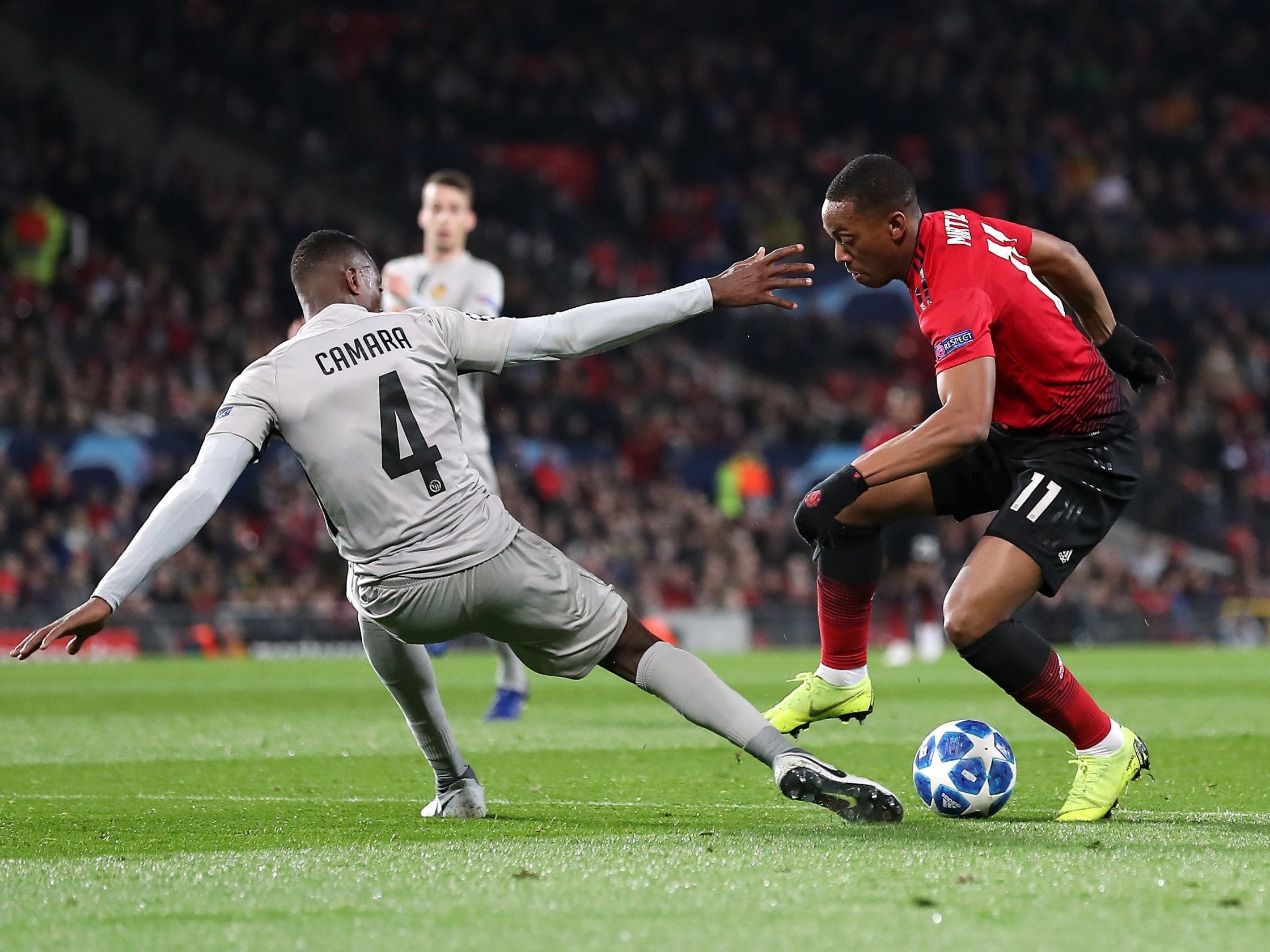 Anthony Martial takes on a Young Boys defender at Old Trafford