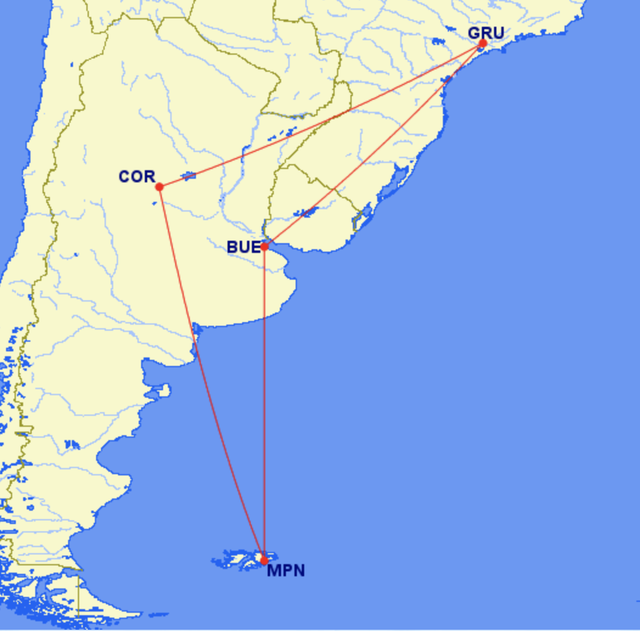 On course: map of the flight route from Sao Paulo