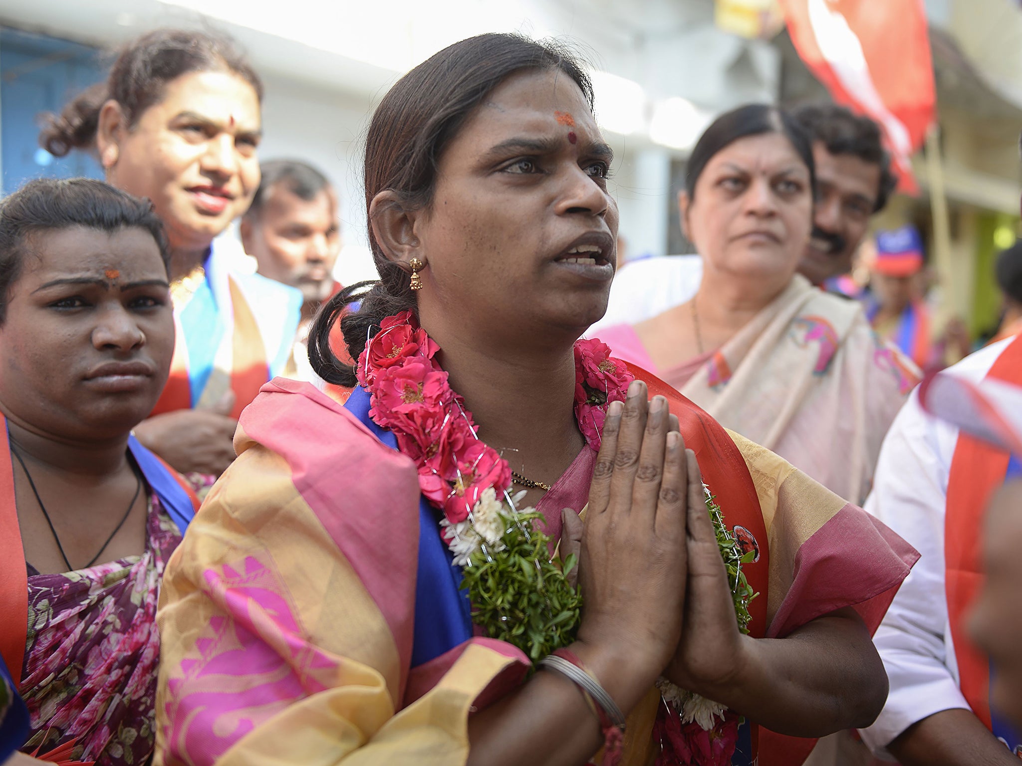 Chandramukhi Muvvala greets voters as she campaigns in the Goshamahal constituency in Hyderabad