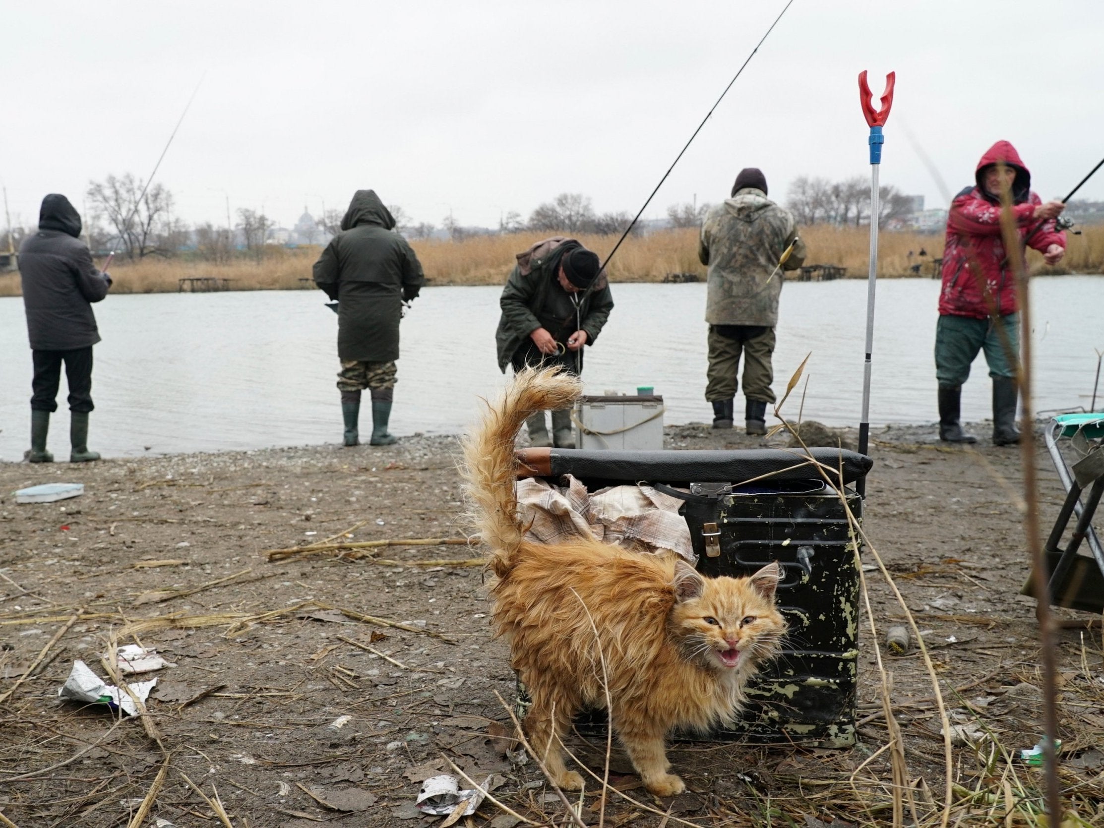 Ukrainian fishermen try to catch fish on the river near Azov steel factory in Mariupol