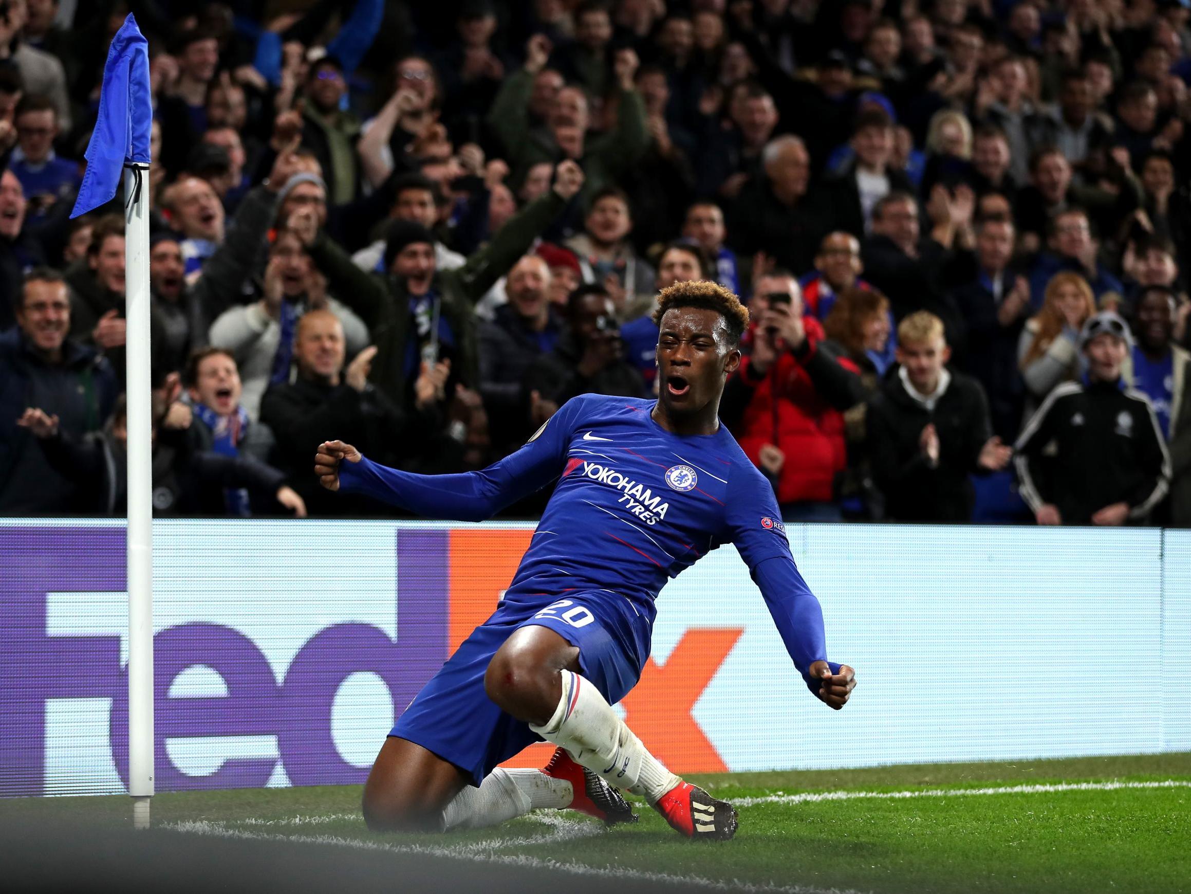 Callum Hudson-Odoi celebrates his first ever goal for Chelsea