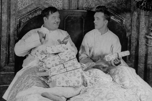 <p>Comedy duo Laurel and Hardy were were known for slapstick comedy short films from the 1920s to 1940s</p>