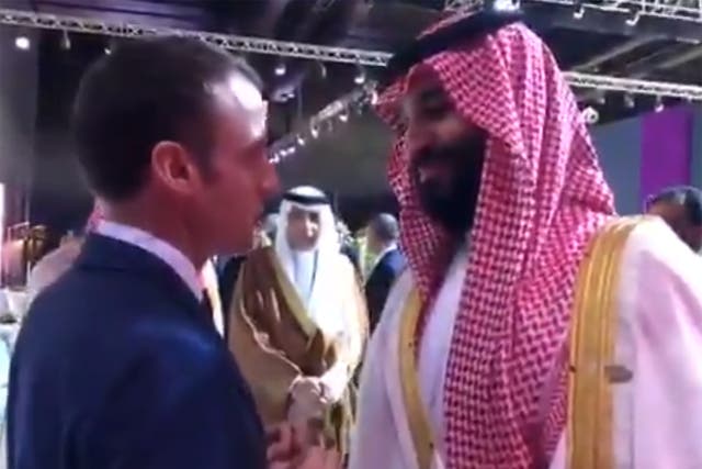 Emmanuel Macron can be seen looking the crown prince in the eye during the video as Muhammed bin Salman nods his head and smiles at times