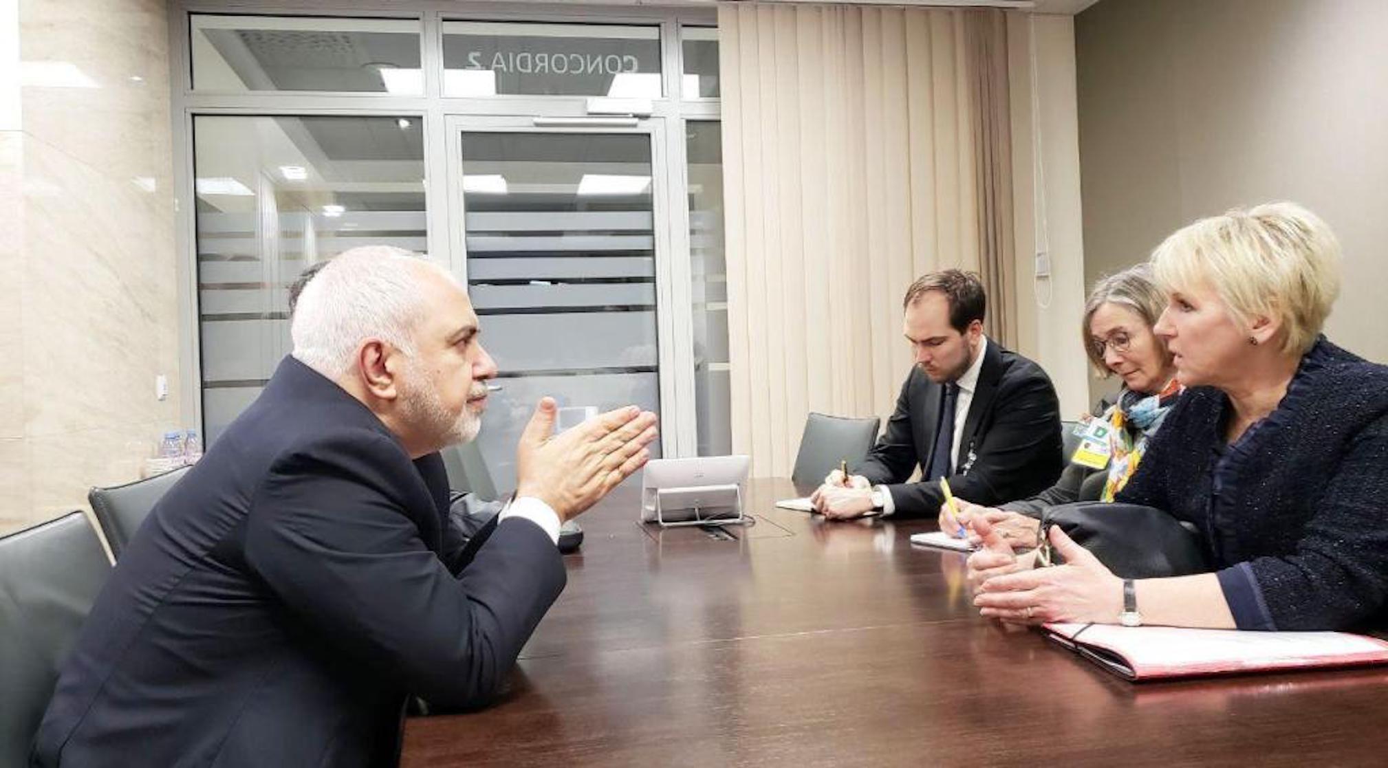 Mohammad Javad Zarif (left) with Sweden’s foreign minister Margot Wallstrom