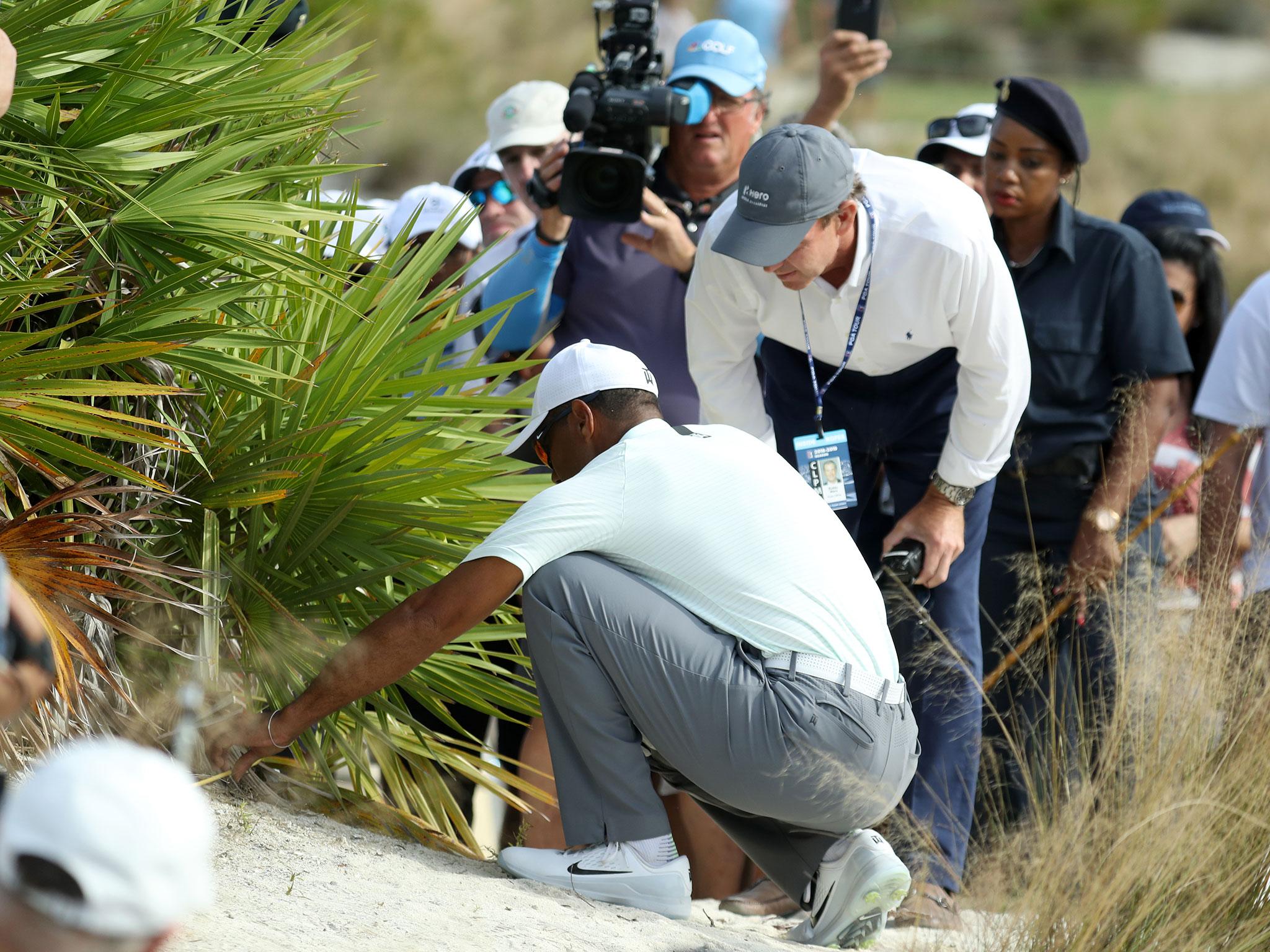 Tiger Woods escaped penalty for hitting his ball twice while playing out of a bush