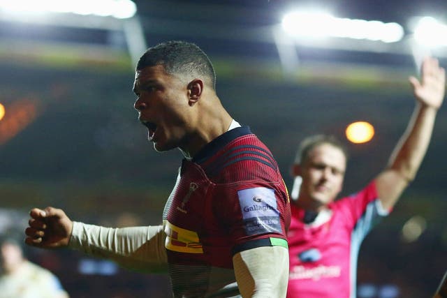 Nathan Earle celebrates scoring in Harlequins' victory over Exeter