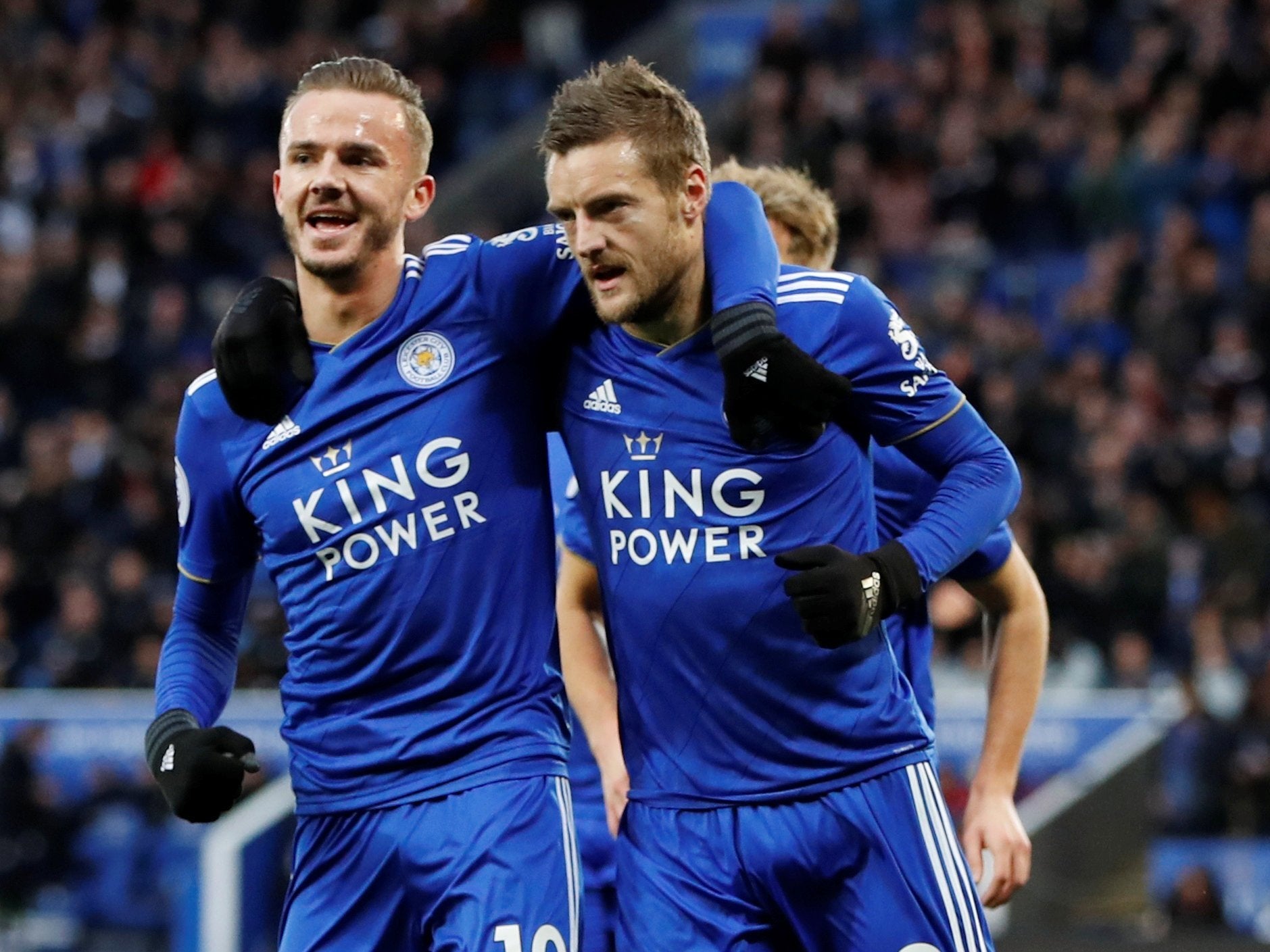 Jamie Vardy celebrates a goal for Leicester