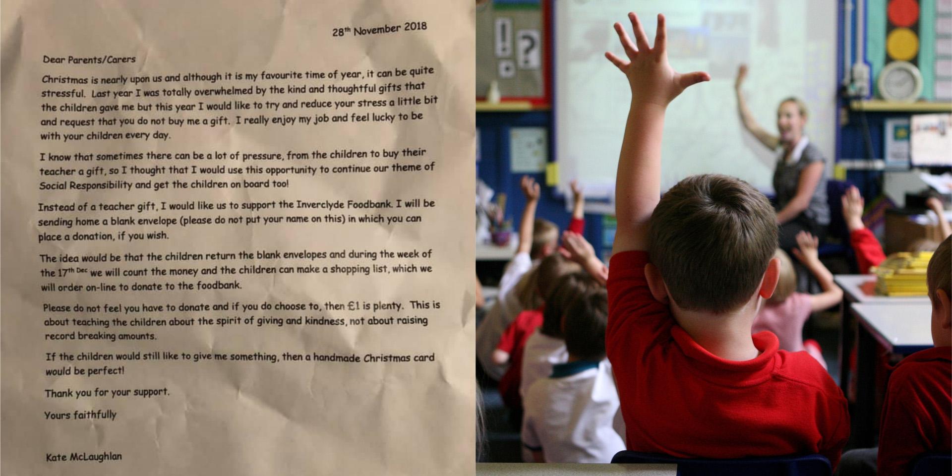 Teacher's note to class asking them to donate to foodbank