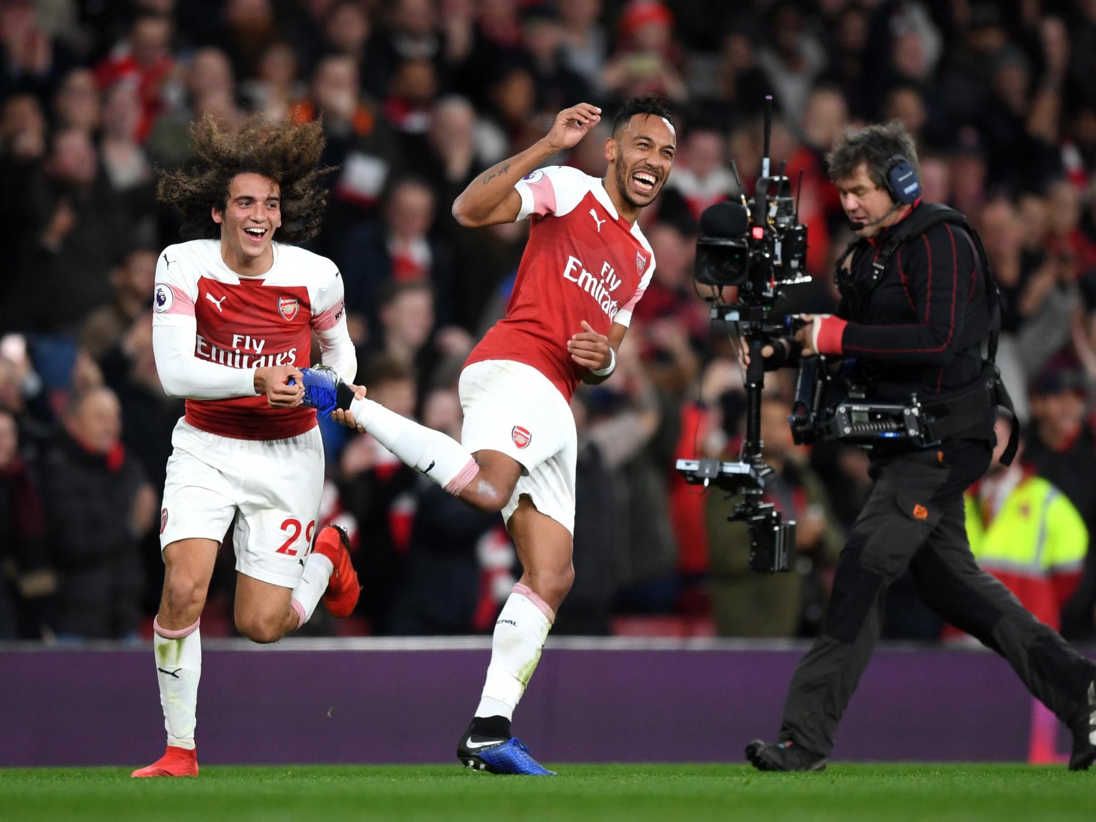 Pierre-Emerick Aubameyang celebrates his second goal for Arsenal