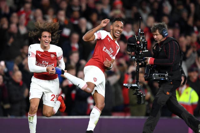Pierre-Emerick Aubameyang celebrates his second goal for Arsenal