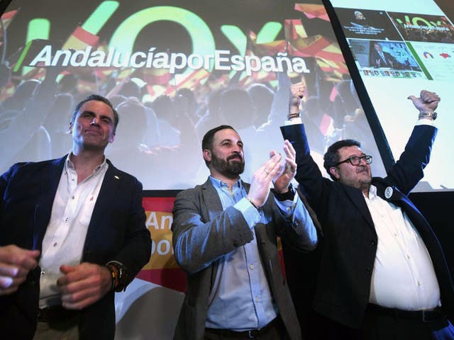 Politicians from Vox celebrate as the party wins 21 seats, up from nine