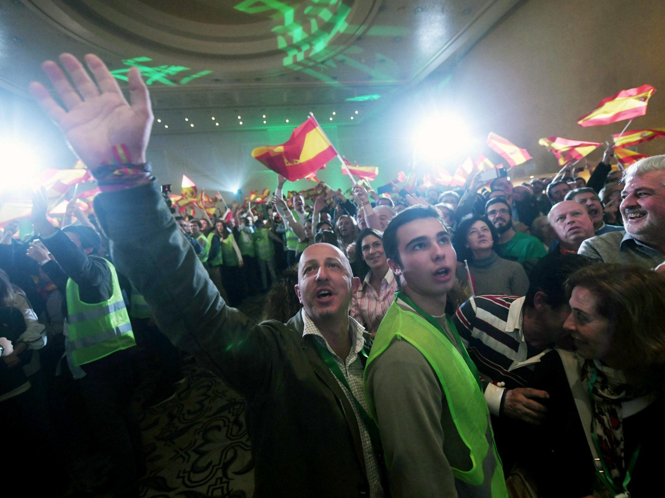 Vox supporters celebrate at election night party in Seville, Andalusia