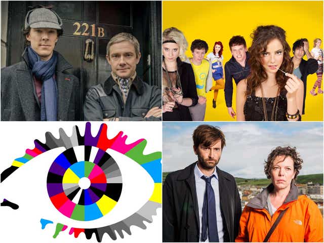 Clockwise from top left: Sherlock, Skins, Broadchurch and Big Brother